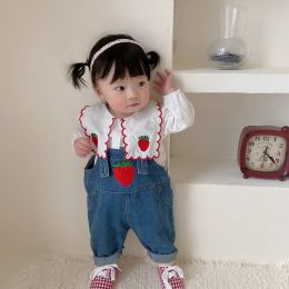 Trousers 2023 Spring New Baby Girl Denim Overalls Cute Strawberry Print Little Girls Strap Pants Infant Toddler Jean Overalls Clothes