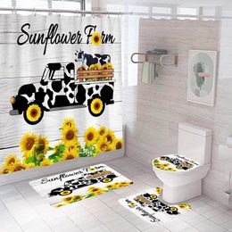 Rustic Farmhouse Cow Truck Sunflower Shower Curtain Set Country Bathroom Curtains Non-Slip Rugs Bath Mat Toilet Lid Cover