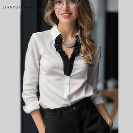 Women's Blouses Fashion Women' White Satin Shirt Long Sleeve Turn-down Collar Spring Summer Tops Elegant Slim Ruffled Office Lady