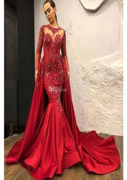 Newest Red Mermaid Evening Dresses with Detachable Train Beading Appliques Crystal Celebrity Prom Gowns Satin Long Sleeve Robe de 2988989