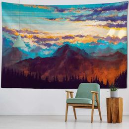 Printed Tapestries Landscape Tapestry Wall Sunset Hanging Hippie Aesthetic Room Decor Hand Painted Landscape Home Art Wall Decor Blankets R0411