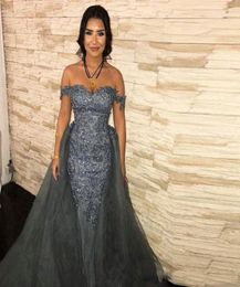 Grey Mermaid Evening Dresses with Detachable Train Off the Shoulder Appliques Organza Red Carpet Gown Overskirt Celebrity Dress9301581