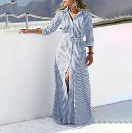 3XL 4XL 5XL Cotton Linen Shirt Dress Women Plus Size Blouse Long Skirt Vestidos Large Size Femal Clothing Striped Cardigan Dress 240329