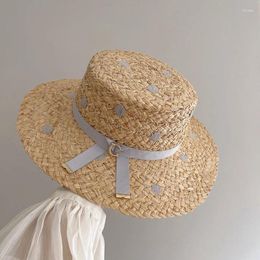 Wide Brim Hats Handmade Laffia Holiday Sun Protection Straw Hat Women's Summer Elegant Fashion Flat Top Sunshade