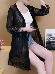 Women's Knits Sun Protection Clothes Summer Long Perspective Lace Shirt Cardigan Patchwork Loose Thin Coat Shawl