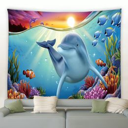 Dolphin Tapestry Cute Sea Animals Wall Hanging Beautiful Ocean Wildlife Landscape Home Room Living Room Decor Wall Blanket Cloth
