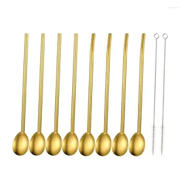 Drinking Straws Stainless Steel Metal Spoon Straw Reusable Round Shape Cocktail Spoons Set Philtre