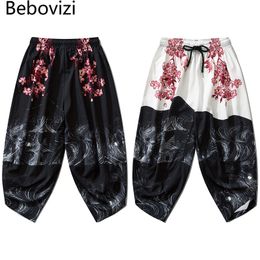 Men Asian Clothing Bath Pant Casual Japanese Kimono Traditional Sakura Print Pants Loose Male Japan Style Trousers Cropped Pants