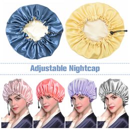 Ladies Satin Nightcap Solid Colour Simple Drawstring Adjustable Hair Care Bandana Double Sided Shower Cap Chemo Head Cover