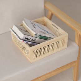 Mifuny Woven Storage Baskets Solid Wooden Frame Hollow Bamboo Desktop Organiser Toys Books Fruit Wooden Household Storage Boxes