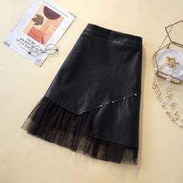Women Large Plus Size Y2K PU Skirt Fashion Casual Mesh Beaded Leather Mini Black Skirts Female Kkawaii 3XL4XL Clothing 240328