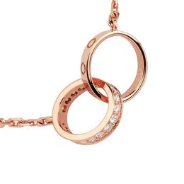 Rose Gold Platinum Double Circle Love Necklace With Screw Diamond Designer Memorial Jewelry For Wedding Gift, Trendy Sister Pendant, Stainless Steel Chain B7013900