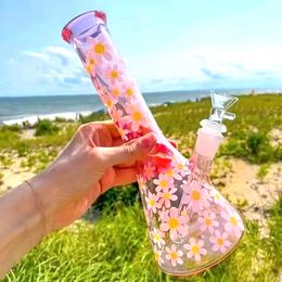 Pink Printed Flowers Beaker Bong with Insert Rod Glass Bong Recycler Dab Rig Smoking Hookah with Ice Holder 14mm Joint Bowl Glass Water Bongs