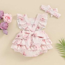 Girl's Dresses Infant Baby Girl Square Neck Frill Trim Tank Top Romper Dress + Flower Print Headband Toddler Clothes Cotton Outfits