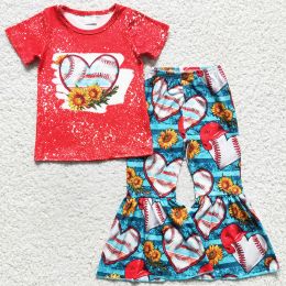 Hot Sale Toddlers Baby Girl Clothes Valentine's Day Kids Clothes Girls Boutique Outfits Baseball Love Print Girls Clothing Sets