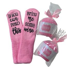 Women Men Novelty Funny Saying Fuzzy Slipper Socks If You Can Read This Bring Me Some Wine Anti-Slip Letters Hosiery with