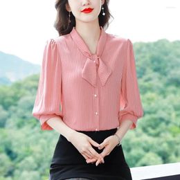 Women's Blouses 2024 Satin Summer Blouse Casual Fashion Advanced Temperament Simplicity Tops Stripe Button Bow Knot Shirt