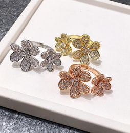 fashion Whole Jewelry Full of Diamond Clover Six Flower Opening rose gold silver Double Flower Ring for woman1839535