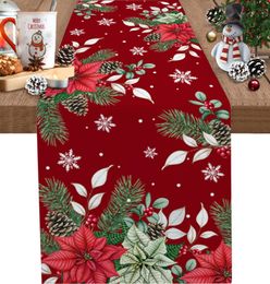 Christmas Red Poinsettia Flowers Linen Table Runners Dresser Scarves for Home Decor Washable Table Runners Christmas Decorations