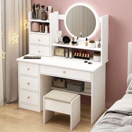 6 Drawers Makeup Vanity Table Set LED Dressing Table Classic Make Up Dressing Cabinet Living Room Coiffeuse Bedroom Furniture