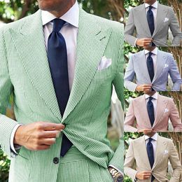 Fashion Pinstripe Men's Blazer Wedding Tuxedos Peaked Lapel Single Breasted Ceremony Formal Groom Wear Party Birthday Pants Suits 2 Pieces Custom Made