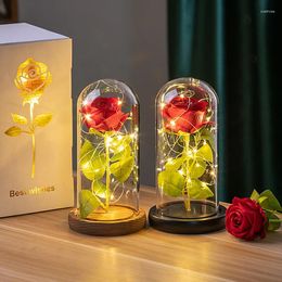 Decorative Flowers Artificial Rose Eternal LED Light Foil Flower In Glass Cover Simulation Mothers Day Gifts Party Supply
