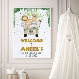 Birthday Welcome Sign Custom Poster Jungle Safari Animals Art Print Nordic Canvas Painting Personalised Wall Picture Party Decor