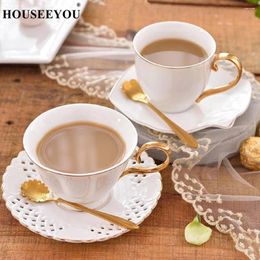 Cups Saucers British White Bone China Coffee Cup Saucer Spoon Set 200ml Concise Ceramic Teacup Europe Porcelain Tea Cafe Mug Drinkware