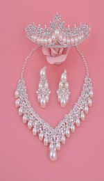 Bride Crystal Pearl Costume jewelry sets New Design Rhinestone Choker Necklace Earrings Tiara Bridal Women Wedding Jewelry Set2081847