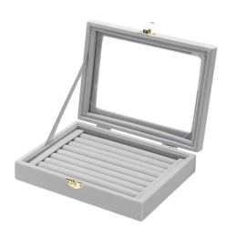 Velvet Jewelry Box with Glass Cover Jewelry Rings Stud Organizer Tray Box Portable Earrings Necklace Jewelry Display Holder Case