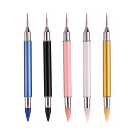 Dual-ended Nail Art Dotting Pen Set With 2 Replaced Heads Rhinestone Beads Studs Picker Wax Pencil Brush Nails Art Tools