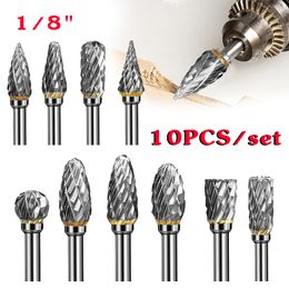 10pcs/set 1/8" Shank Tungsten Carbide Milling Cutter Rotary Tool Burr Double Diamond Cut Rotary Dremel Tools Electric Grinding