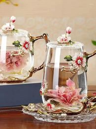 Wine Glasses Enamel Colored Flower Tea Cups Household Glass Water Office Women's Coffee Breakfast Milk Juice Promotional