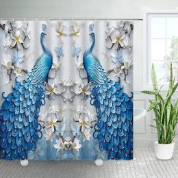 Shower Curtains Floral Peacocks Relief Flowers Plants Blue Birds Chinese Style Printed Bath Curtain Fabric Bathroom Decor Hooks