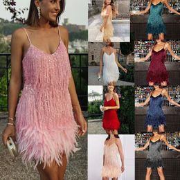 Casual Dresses Tassel sequin multi-color birthday party sexy V-neck strap feather patchwork dress