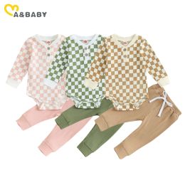 Trousers ma&baby 024M Newborn Infant Baby Boys Girls Clothes Sets Fall Spring Knit Outfits Plaid Print Long Sleeve Romper + Pants