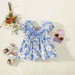 Girl's Dresses Summer Baby Girl Clothes Kids Cloths Pastoral Small Daisy Round Neck Bubble Sleeve Bow Short Sleeve Girls Dress Girls Cloths