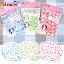 Red Green Shower Cap Plastic Shower Caps For Women Reusable Waterproof Elastic Band Dots Printed Hair Cap For Shower Spa Salon