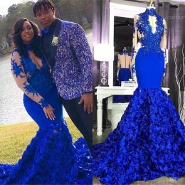 2024 Stunning Prom Dresses 3D Rose Flower Royal Blue High Neck Long Sleeve Applique Mermaid Prom Evening Gowns Special Occasion Dress