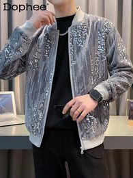 Men's Jackets High-End Sequined Baseball Personality Fashion 2024 Spring Autumn Long Sleeve Solid Color Jacket