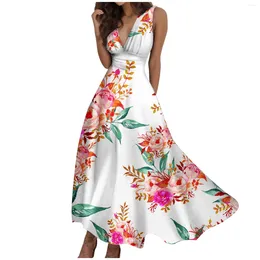 Casual Dresses Women's Summer Floral Print Sleeveless V Neck Side Zipper Dress Plus-size Large Hemline Slim Waist Vestido