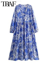 Basic Casual Dresses TRAF 2024 Blue Long Skirt Womens Retro Print Ruffled Midi Dress Ruffled Party Dress Womens Casual Loose Dress C240411