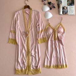 Summer Satin Robe Set Lace Trim Kimono Gown Women 2PCS Sleepwear Silky Nighty&Robe Set Female Casual Sleep Set Home Clothing