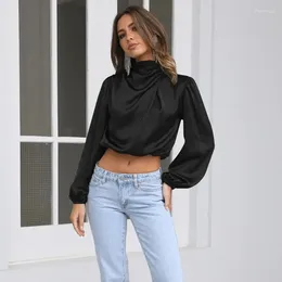 Women's T Shirts Satin Top Turtleneck Lantern Sleeve Pullover Solid Folds Short Tees 2024 Autumn Fashion Ladies Causal Slim Blouse Black