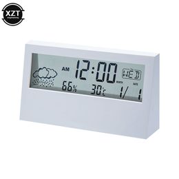 New LCD Electric Desk Alarm clock White with Calendar and Digital Temperature Humidity Modern home Office Watch Battery Operate