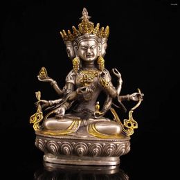 Decorative Figurines 9"Tibetan Temple Collection Old Bronze Gilded Silver Mosaic Gem Namgyalma Tibetan Buddha Lotus Terrace Worship Hall