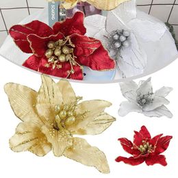 Decorative Flowers Christmas Poinsettia Glitter Flower Artificial Fake Bouquet Xmas Tree Festival Party Decor