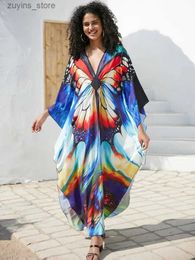 Basic Casual Dresses Chest Hand-knit 2024 Women Summer Butterfly Print Long Sleeve Bohomian Vacation Beach Wear Maxi Dresses Q1634 L49