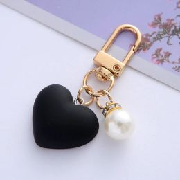 Matte Black White Heart Pendant Keychain Romantic Pearl Tag Key Ring Accessories Cute Bag Hanging Ornaments Car Trinket Keyring