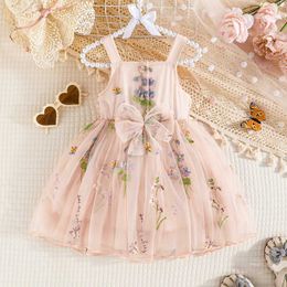 Girl's Dresses New Girls Embroidery Floral Dress Sweet Summer Dress 2024 Fashion Princess Suspenders Fuffy Mesh Tutu Childrens Casual Clothes